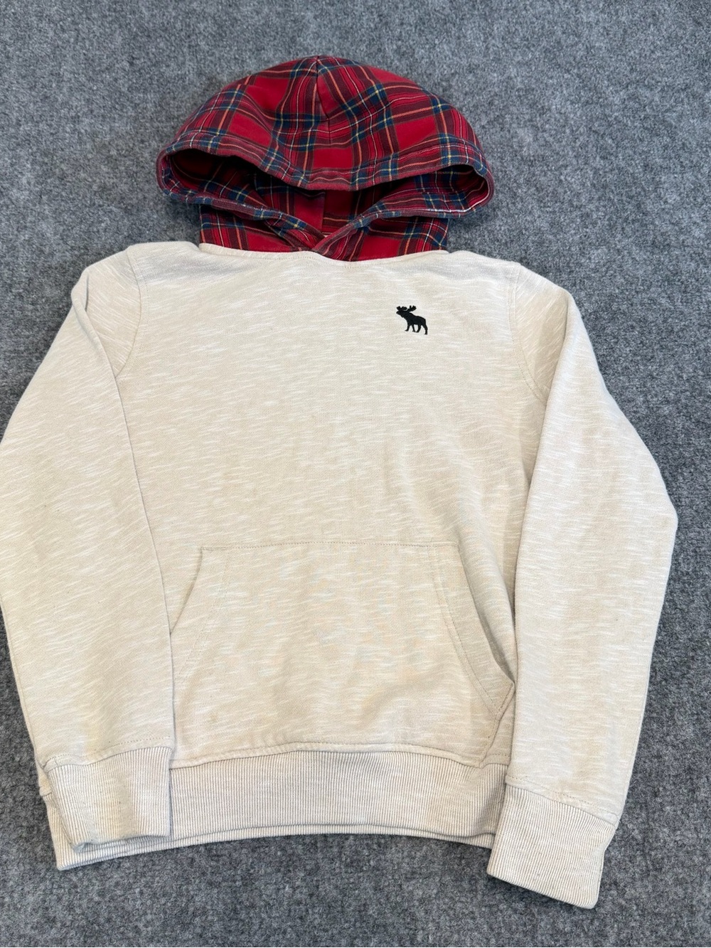 abercrombie kids Cream Pullover Hoodie with Red Plaid Hood